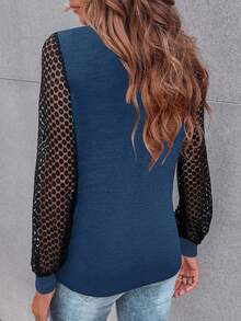 SHEIN LUNE Contrast Lace Lantern Sleeve Tee - Navy Blue - View 2