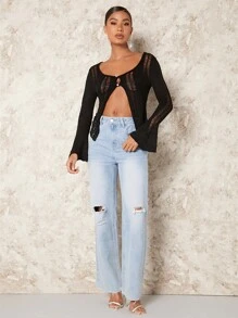 SHEIN BAE Nút phía trước Viền chia cắt Đan Mở Áo len Mở - màu đen - Xem 3