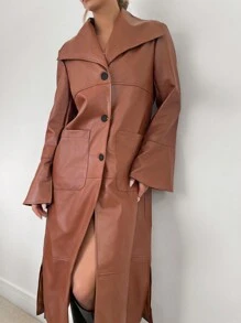 SHEIN Privé Áo khoác da PU có thắt lưng có tay loe - Cà phê nâu - Xem 1