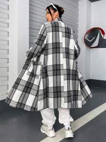 Flirla 大碼格紋印花西裝領花呢外套 - 黑與白 - 查看 3