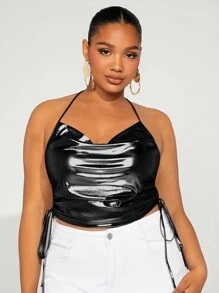 SHEIN SXY Plus Draped Collar Drawstring Side Tie Backless PU Leather Halter Top - Black - View 1