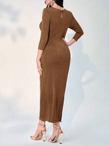 Modelyn Solid Ruched Bodycon Dress - Camel - View 2