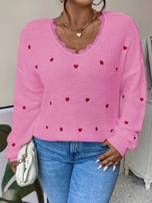 Calvaya 大碼愛心刺繡睫毛蕾絲邊落肩袖套頭毛衣 - 粉色 - 查看 3