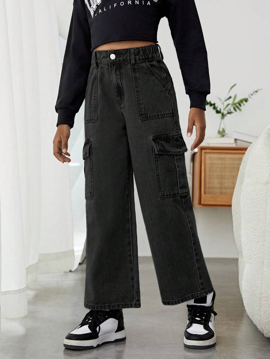 SHEIN Explorewe Para niñas preadolescentes, jeans rectos estilo streetwear Y2K con lavado claro, cintura elástica y bolsillos planos tipo cargo - Negro - Ver 1