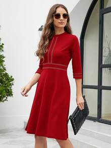 Đầm Dây kéo Ruy băng Tương phản ràng buộc Sọc Thanh lịch - Đỏ - Xem 5