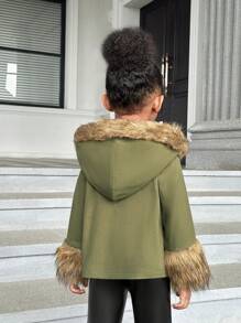 SHEIN 女小童毛茸邊前紐扣外套 - 軍綠色 - 查看 2