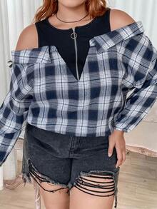 SHEIN CURVE+ 大碼格紋印花落肩袖假兩件襯衫 - 藍白色 - 查看 6