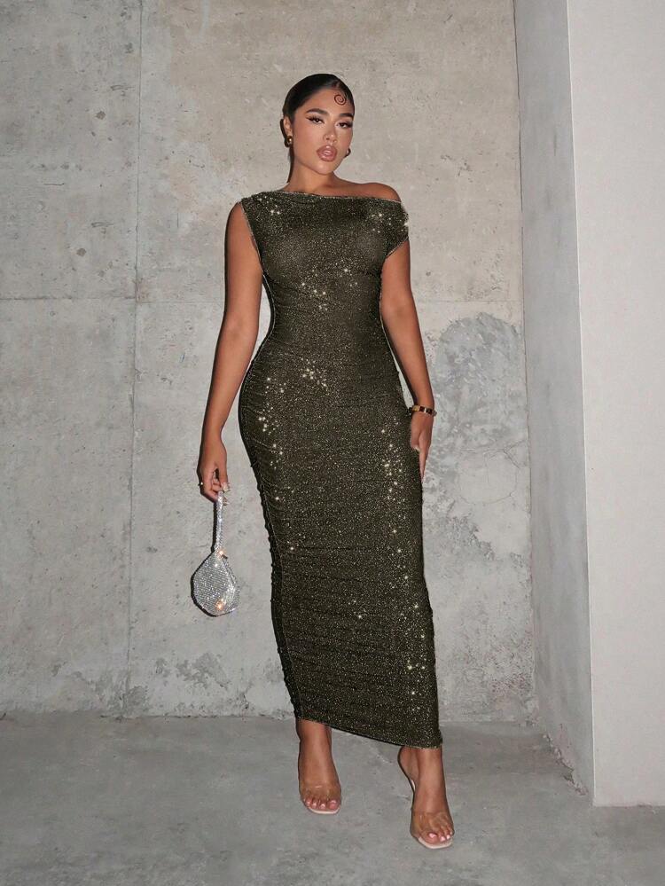 Asymmetrical Neck Ruched Sequin Bodycon Dress