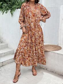 SHEIN VCAY 通體花卉印花荷葉邊袖荷葉邊下擺罩衫裙 - 彩色 - 查看 5