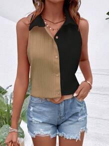 SHEIN LUNE 兩色正面鈕扣無袖襯衫 - 彩色 - 查看 3