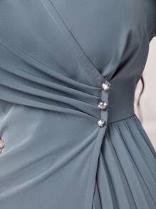 Modelyn Pearl Detail Lantern Sleeve Pleated Hem Dress - Grey - View 6