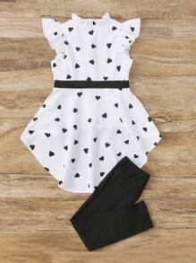 SHEIN Leap Crew Tween Girl Heart Print Ruffle Trim High Low Hem Belted Shirt & Pants - Black and White - View 2