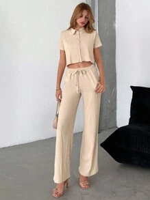 RueChic unicolor con botón delantero Camisa & de cintura con cordón Pantalones