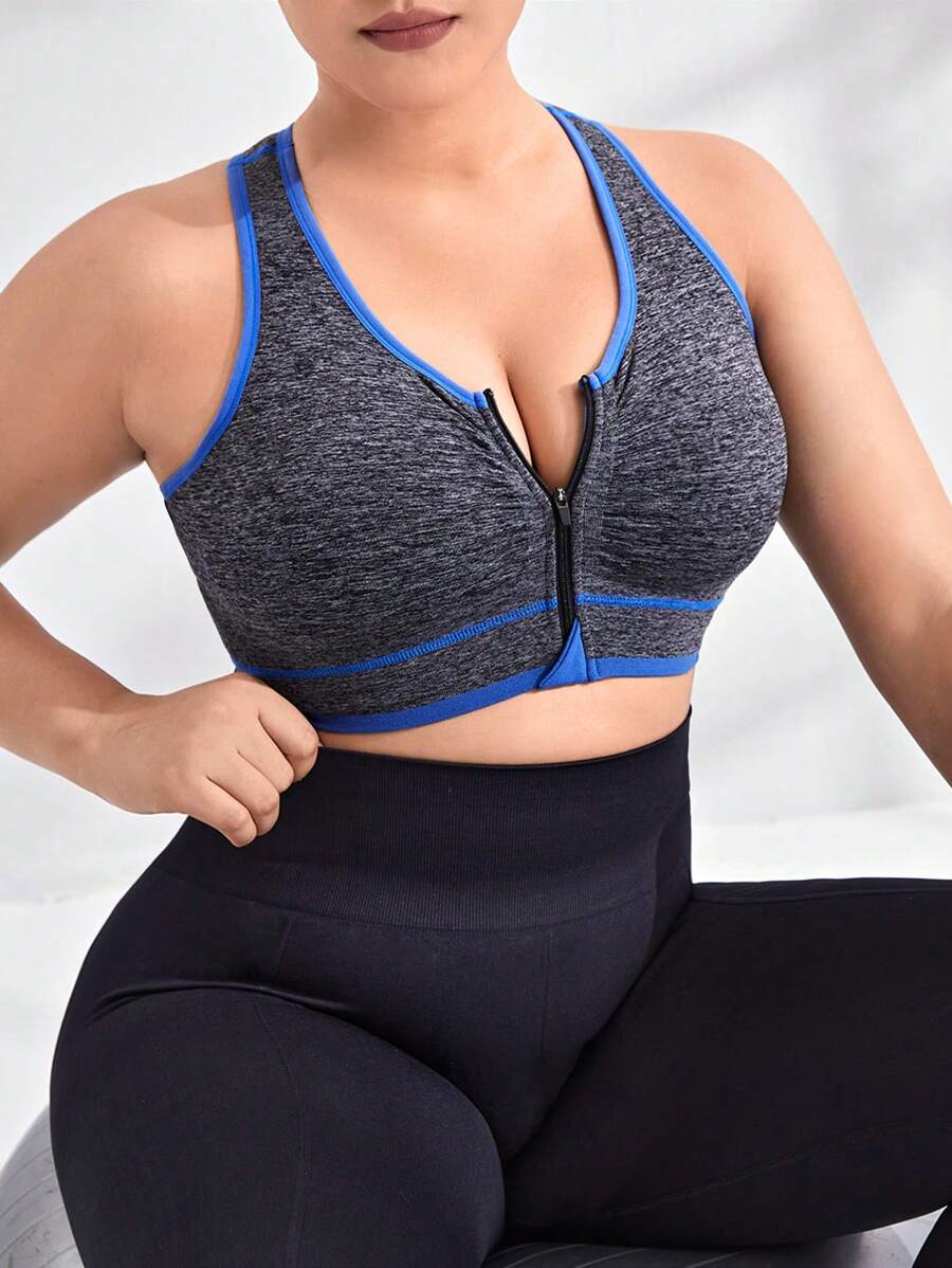 Yoga Basic Bras thể thao Plus Size Dây kéo Tương phản ràng buộc màu trơn - Màu xám đen - Xem 1