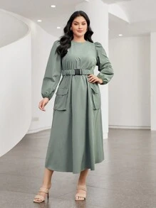 Mulvari 大碼翻蓋口袋燈籠袖繫腰帶洋裝 - 綠色 - 查看 5