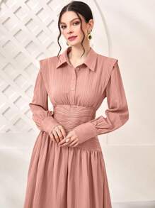 Modelyn Solid Ruched Waist Shirt Dress - Pink - View 4