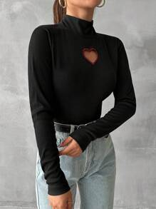 SHEIN Cottnline Heart Cut Out Mock Neck Tee - Black - View 5