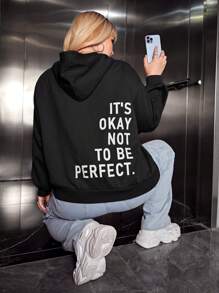 SHEIN EZwear 大码标语印花落肩卫衣 - 黑色 - 查看 1