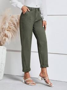 SHEIN LUNE Solid Straight Leg Cropped Jeans - Olive Green - View 5