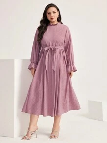 Seusyu 大碼褶邊喇叭袖繫腰帶洋裝 - 紫丁香色 - 查看 4