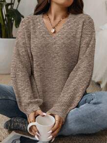 Calvaya Plus Space Dye Drop Shoulder Sweater, For Winter Knit Pullover Fall Sweater - Coffee Brown - View 1