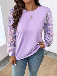 Calvaya 大碼貼花燈籠袖上衣 - 淡紫色 - 查看 3