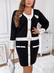 SHEIN Clasi Plus Contrast Trim Cardigan & Knit Skirt - Black and White - View 1