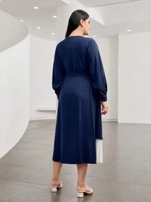 Mulvari Plus Two Tone Pleated Hem Belted Dress - Multicolor - View 3