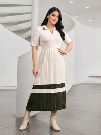 Mulvari 大碼撞色百褶下擺毛衣洋裝