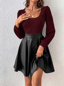 SHEIN Frenchy Đầm tay đèn lồng cổ vuông hai tông màu không có thắt lưng - Màu Đỏ Sâu - Xem 5