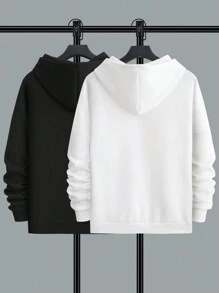 Manfinity Hypemode Loose Men's 2pcs Casual Letter Print Kangaroo Pocket Drawstring Thermal Hoodie - Black and White - View 2