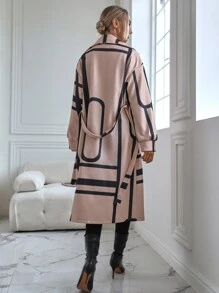 SHEIN LUNE Áo khoác có dây thắt lưng in hình Geo - Màu Khaki - Xem 2