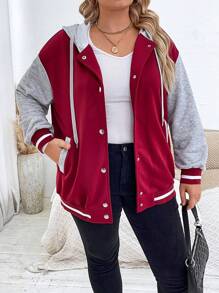 Calvaya Plus Colorblock Drop Shoulder Drawstring Hooded Jacket - Burgundy - View 5