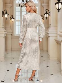 SHEIN Clasi Flounce Sleeve Knot Side Wrap Hem Sequin Dress - Apricot - View 2