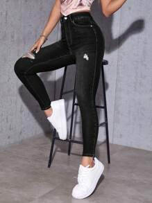 SHEIN PETITE 素色破洞緊身牛仔褲 - 黑色 - 查看 5