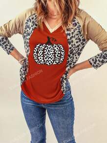T-shirt Léopard & Imprimé Citrouille Manches Raglan
