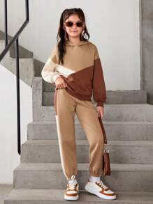 Tween Girl Color Block Drop Shoulder Hoodie & Sweatpants - Khaki - View 1