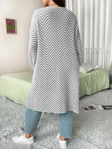 Flirla Plus Chevron Pattern Drop Shoulder Belted Cardigan - Grey - View 2