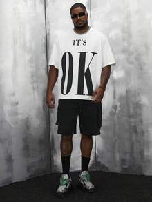 Manfinity RebelGame Loose Plus Size Men Slogan Print Drop Shoulder T-Shirt And Shorts Set - Black and White - View 3