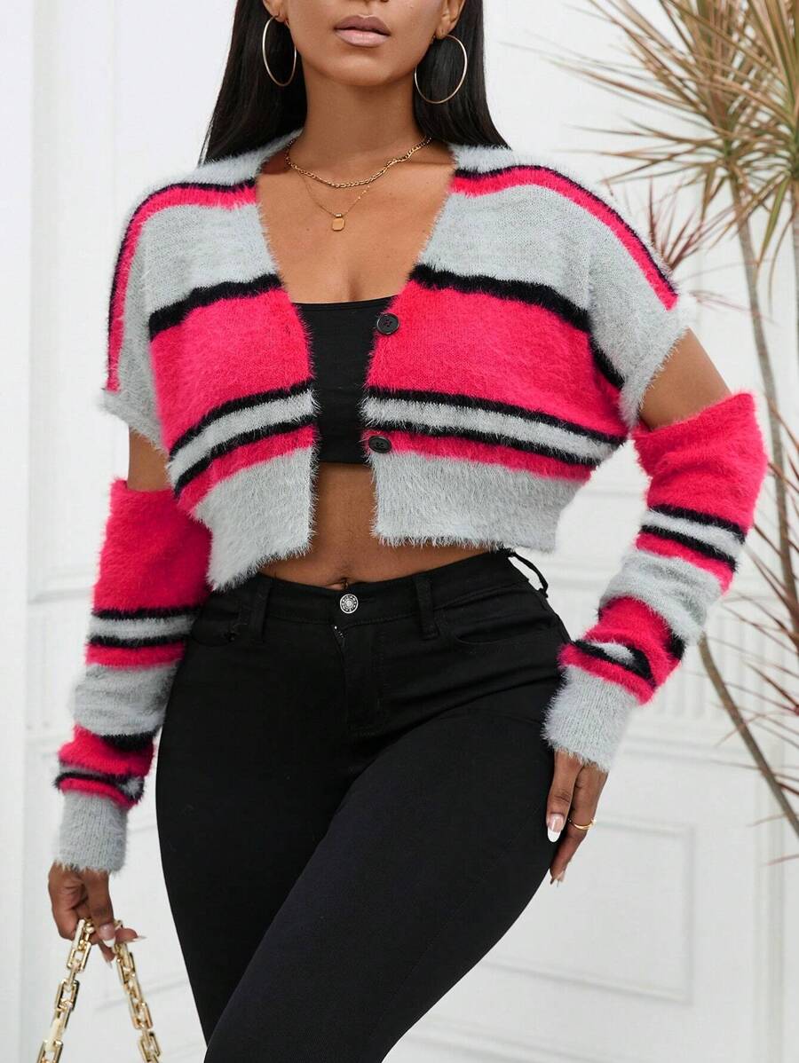 Zolique 條紋圖案剪裁蓬鬆針織開衫 - 紅色 - 查看 1