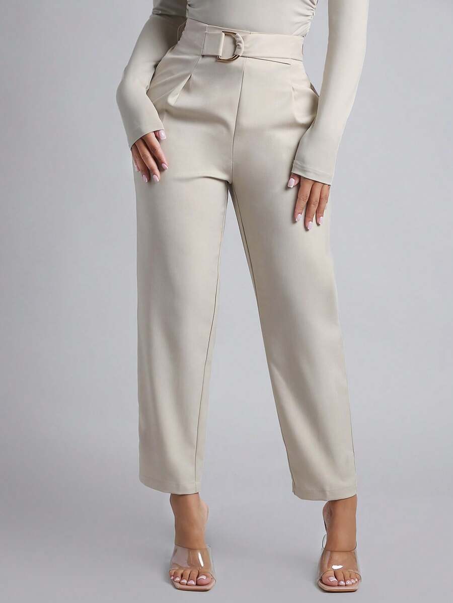 SHEIN PETITE Spring Women Outfit Belted Straight Leg Pants - Khaki - View 1