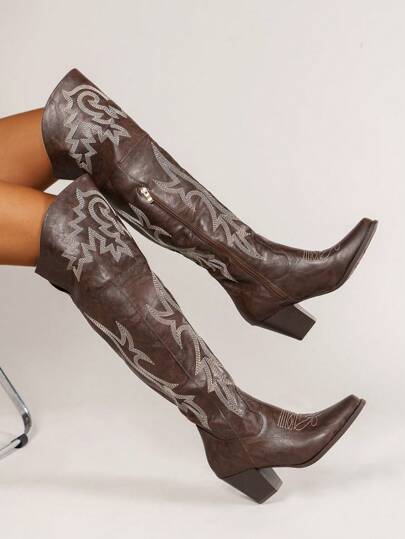 Perfect With Cardigan , Fashion Square Toe Chunky Heel Cowgirl Boots, Embroidered Western Retro Over-The-Knee Vacation Boots Sexy Lady Boots