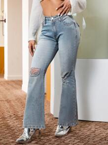 SHEIN ICON 破洞喇叭牛仔褲 - 藍色 - 查看 3