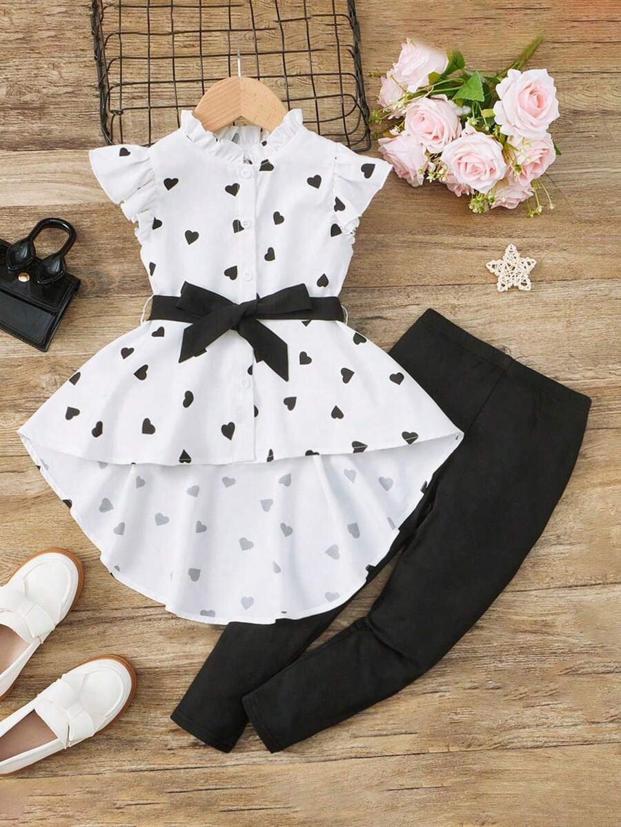 SHEIN Leap Crew Tween Girl Heart Print Ruffle Trim High Low Hem Belted Shirt & Pants - Black and White - View 1