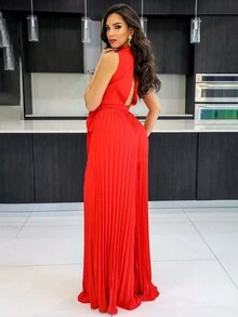 Button Front Pleated Hem Belted Pleated Wide Leg Jumpsuit - Red - View 3