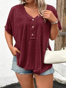 SHEIN LUNE Plus Button Front Batwing Sleeve Tee - Burgundy - View 1