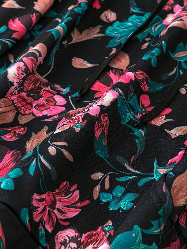 Plus Size Floral Print Drawstring Sweatshirt Pullover Fall Sweatshirt