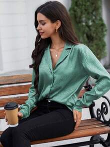 SHEIN Clasi Dalmatian Jacquard Satin Shirt - Green - View 6