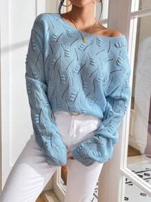 SHEIN Privé Áo len trễ vai đan kiểu Pointelle Twist Backless - Màu xanh lam - Xem 1