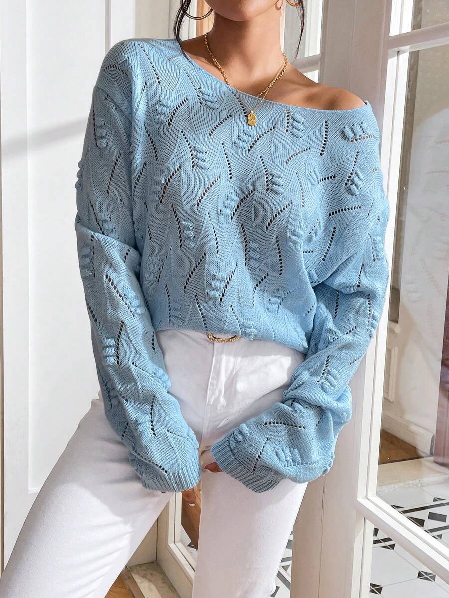 SHEIN Privé Áo len trễ vai đan kiểu Pointelle Twist Backless - Màu xanh lam - Xem 1